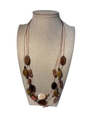 Wood Shell Bead Necklace 3 Strand With Lobster Clasp 20" Length